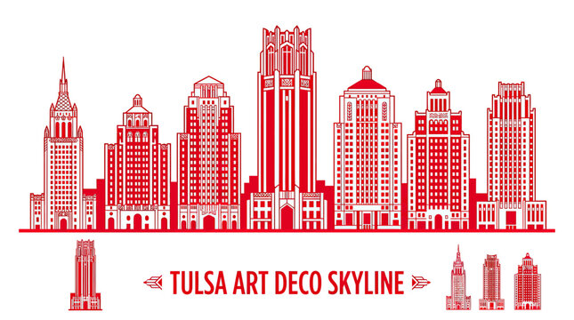 Tulsa Art Deco Skyline Illustration - Red Buildings on White Background