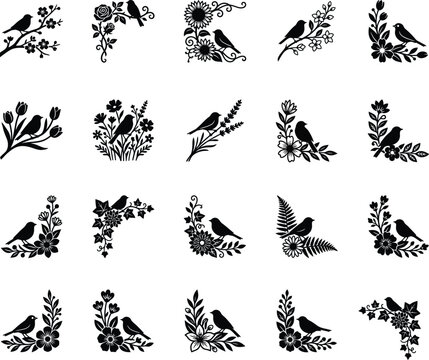 Floral corner frames and borders with little birds illustration set, ornament