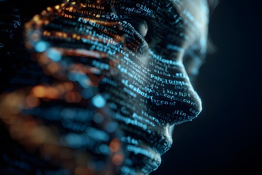 Close up portrait side profile of human face emerging from digital glowing blue and orange text paragraphs and scrolling computer code