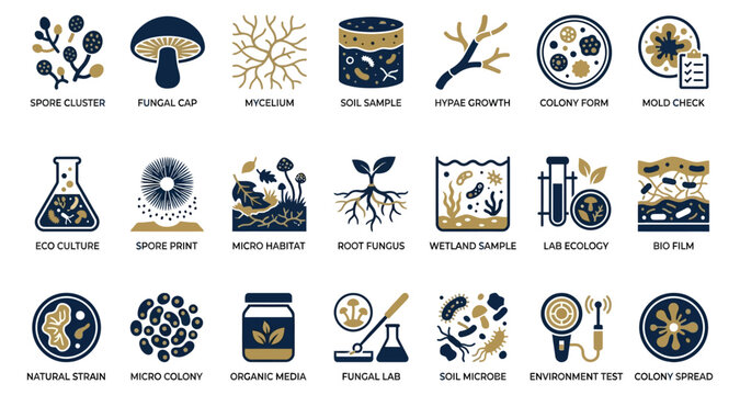 Microbiology icons depicting fungal spores soil samples and lab tests isolated on white background