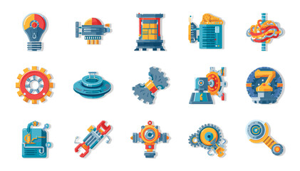 Naklejka premium Collection of 15 colorful flat design icons representing technology, engineering, innovation, and mechanical concepts on a white background.