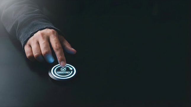Person pressing digital button with consistency label for business growth