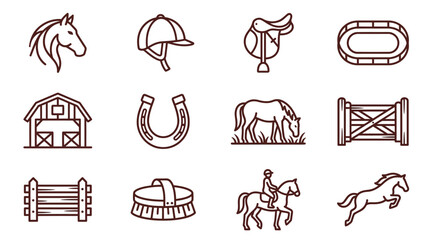 Obraz premium Equestrian Icons Set: Horse, Saddle, Barn, Horseshoe, Rider, Fence, Arena