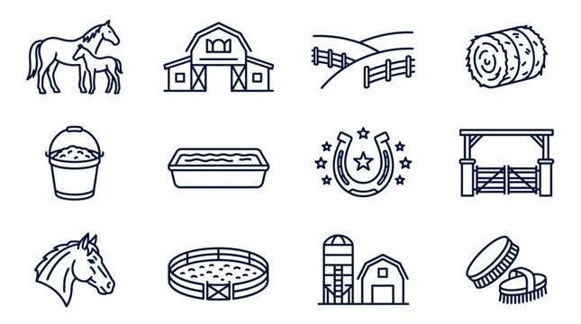 Farm Icons: Horses, Barn, Hay Bale, Horseshoe, Corral, Silo, Paddock, Pail