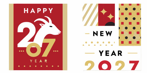 happy new year 2027 greeting card set vector illustration goat animal red gold text pattern stripes dots celebration festival holiday design © Ranajit