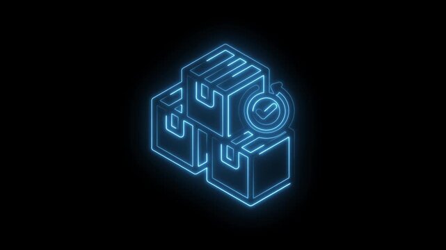 Glowing blue neon outline of stacked boxes with a circular checkmark animation signifying... icon