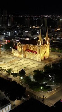 Night Sagrado Coracao De Jesus Church At Petrolina In Pernambuco Brazil. Dom Malan Square. Illuminated Church. City At Night Scenery. Sagrado Coracao De Jesus Church In Petrolina. Religious Skyline.