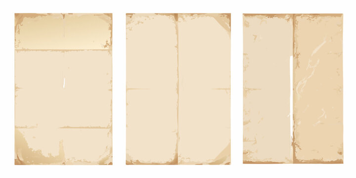 three vertical sheets of old folded beige paper on white background texture grunge effect vintage look antique document design stationery graphic