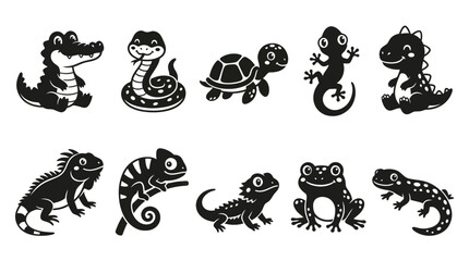 Fototapeta premium Cute Reptiles and Amphibians Character Vector Set
