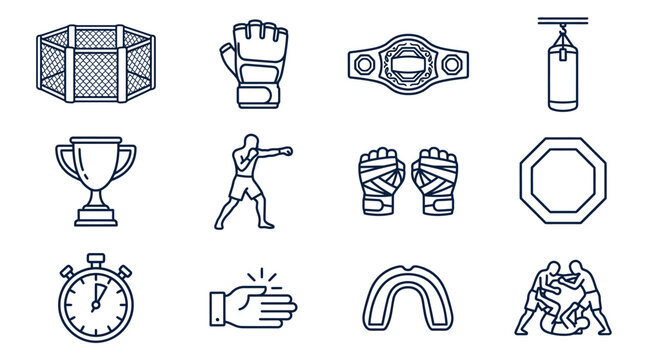 MMA Icons Collection: Cage, Gloves, Belt, Punching Bag, Trophy, Fighter, Stopwatch