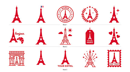Paris Icons: Eiffel Tower, Arc de Triomphe, Bonjour, Travel Stamp © Bebel