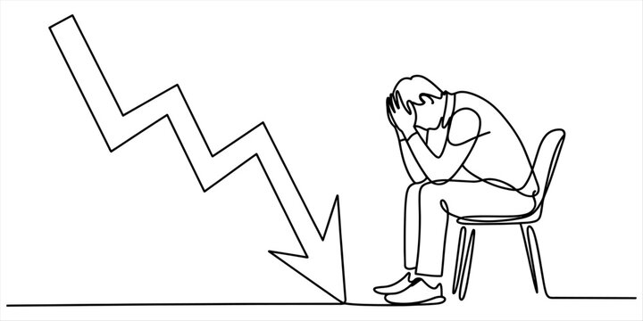 Sad man sitting on a chair feeling stressed with a financial business graph chart showing a downward trend in a simple continuous line drawing style Vector, illustration