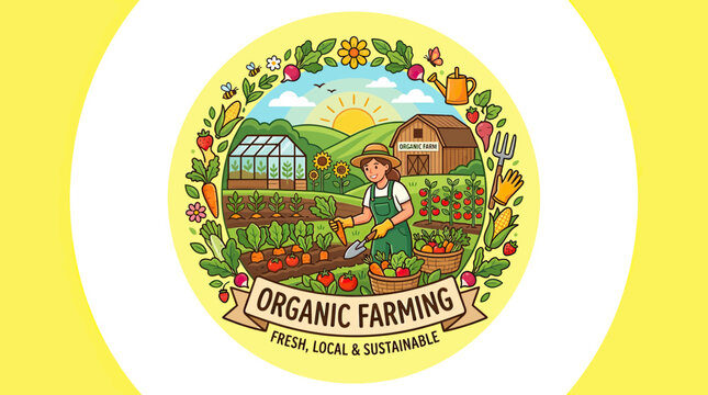 Organic Farming Scene: Farmer Tending Crops in Greenhouse and Field, Barn, Sun