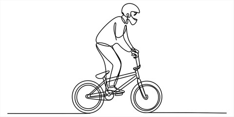 Obraz premium Continuous single line drawing of a boy wearing a helmet riding a bicycle representing active lifestyle sports hobby and extreme cycling recreation Vector, illustration