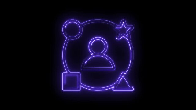 Neon glowing user profile icon surrounded by abstract geometric shapes circle square triangle