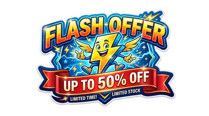 Fototapeta premium Exciting Limited Time Flash Sale Promotion Featuring a Cheerful Lightning Bolt Mascot and Big Discount Savings Banner