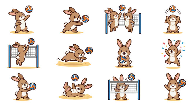 A collection of cute cartoon rabbits playing volleyball in various dynamic poses