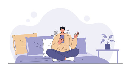 Obraz premium Man relaxing on bed using smartphone, wireless connection, modern lifestyle