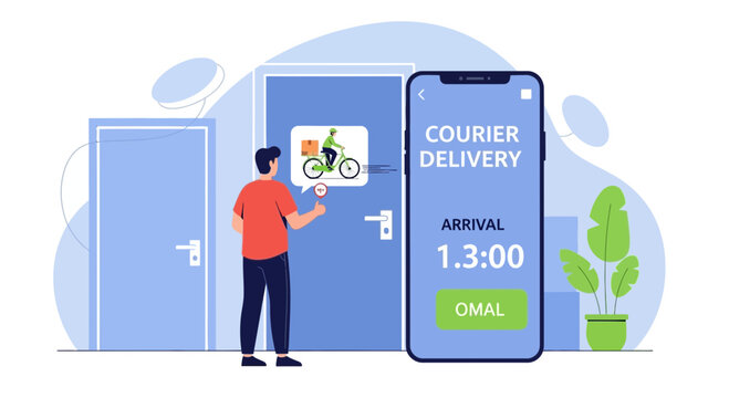 Courier delivery app on phone shows arrival time, man waits at door