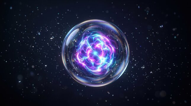 Abstract glowing energy sphere in bubble with particles, science, technology, futuristic concept