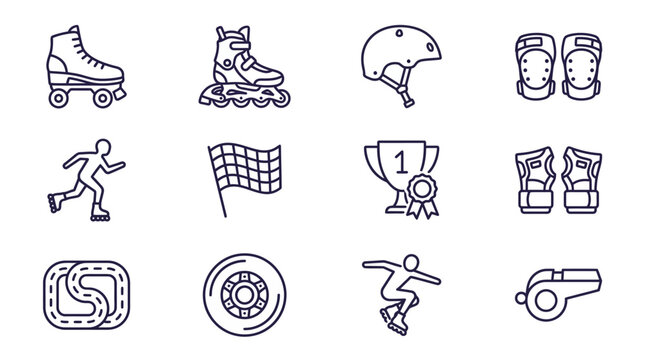 Inline Skating and Rollerblading Icons: Helmet, Pads, Trophy, Whistle, Track, Wheels