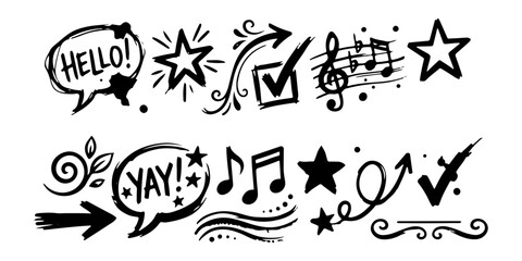 Obraz premium Decorative hand-drawn doodle elements set including speech bubbles stars music notes checkmarks with handdrawn checkmarks decorative ornaments elements graphics