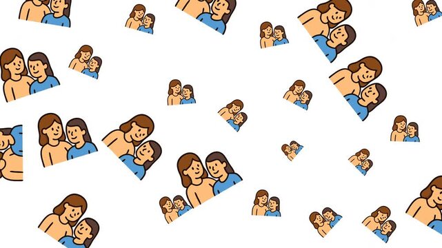 Pattern of smiling couples scattered across transparent background, representing love, companionship, warmth, happiness, and togetherness always.