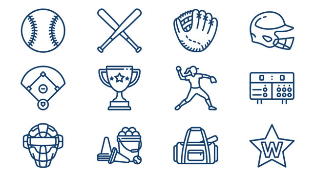 Baseball and Softball Icons Set: Trophy, Glove, Helmet, Ball, Field, Player, Scoreboard