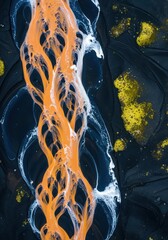 Fototapeta premium Aerial View of Braided Glacial River Channels Flowing Through Black Volcanic Sand in Iceland's Highlands