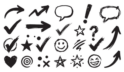 Collection of hand-drawn doodle elements including arrows speech bubbles checkmarks stars facial expressions with handdrawn checkmarks graphics © Gopal_Ray