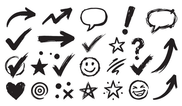 Collection of hand-drawn doodle elements including arrows speech bubbles checkmarks stars facial expressions with handdrawn checkmarks graphics