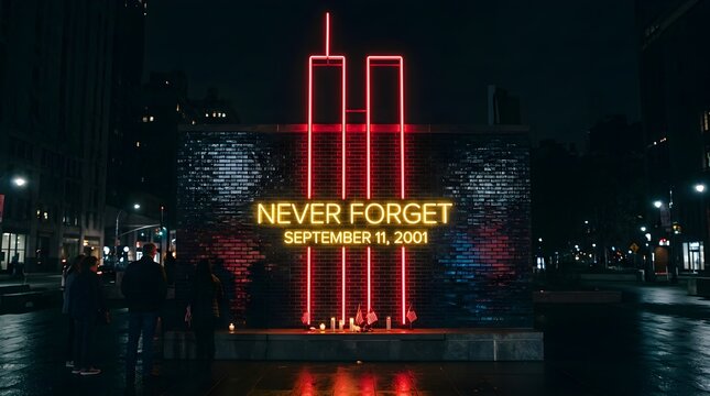 Glowing neon lights display never forget september 11 2001 on a dark brick wall with vertical red tower light beams