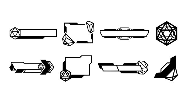 Black and white stream overlay collection featuring faceted RPG dice, facecam frames, and lower thirds for tabletop gaming and esports UI templates