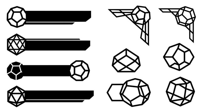Black and white geometric stream overlay collection featuring solid lower third banners, corner frames, and RPG dice for gaming UI layout templates