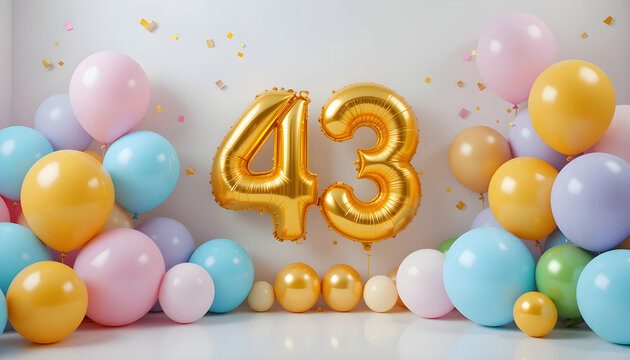 Bright forty three golden number balloons celebration with colorful pastel bubbles and confetti.