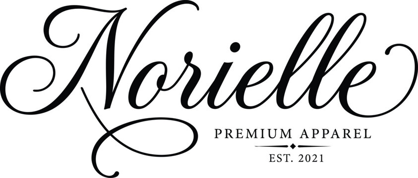 Elegant Norielle script logo design, premium apparel branding vector, luxury fashion typography with established 2021 text, minimalist black and white identity
