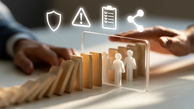 Business hand stopping falling wooden dominoes protecting miniature figures behind glass panel with digital security icons floating above