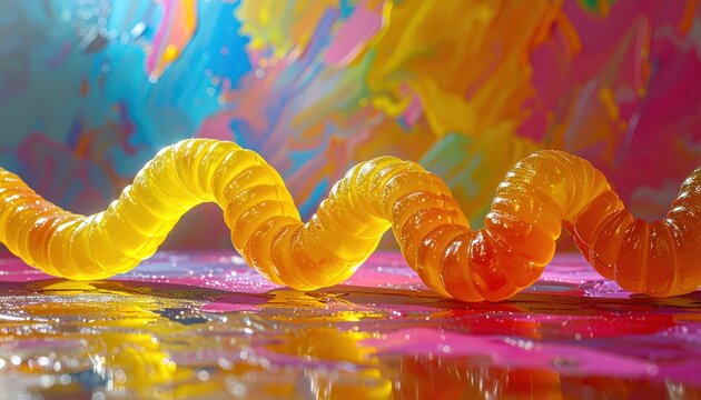 A Vibrant Gummy Worm Twisting Playfully on a Colorful Surface
