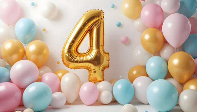 Glossy golden number four foil balloon floating amongst festive pastel balloons and confetti.