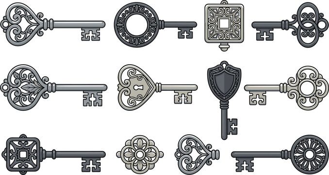 Vintage antique skeleton keys and ornate metal bow vector collection