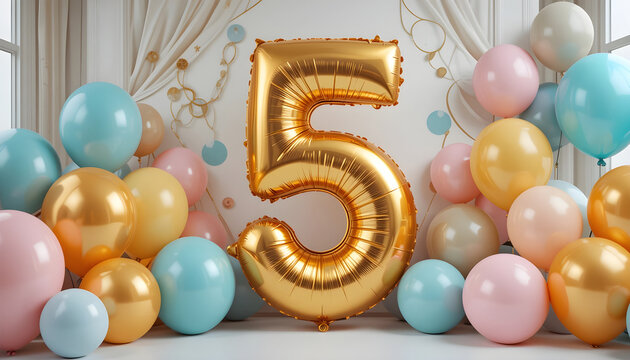 Gold foil number five balloon set against bright curtain backdrop with colorful party balloons.