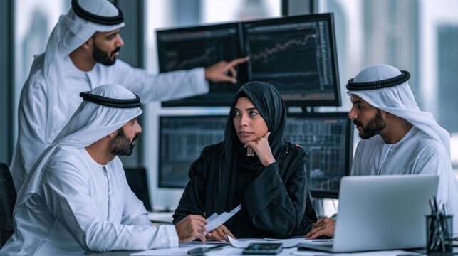 Business professionals in traditional attire collaborating at a digital workstation