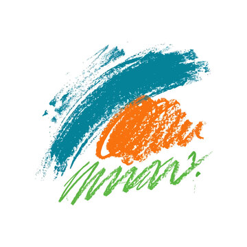 Abstract crayon strokes in blue, orange and green on white