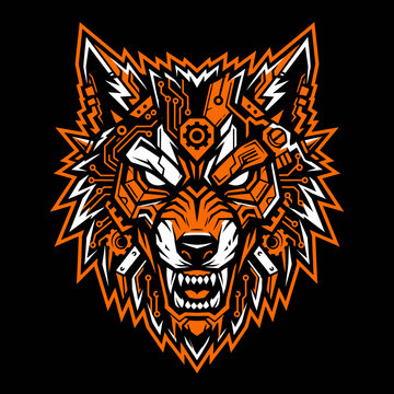 A fierce robotic wolf head with intricate circuit patterns
