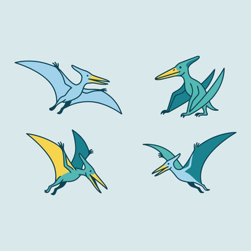 Four cute pterodactyl dinosaur icons fly on a blue background
