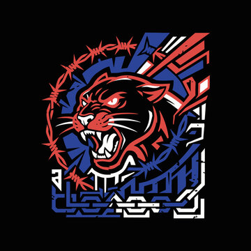 Aggressive panther head illustration with barbed wire and geometric shapes
