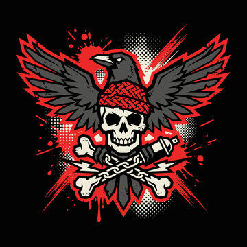 Grungy skull with crow wings and crossed bones illustration