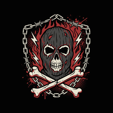 A menacing skull in a balaclava with flames and crossed bones