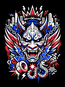 Vibrant graphic illustration of a horned mask with urban details