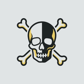 A minimalist skull and crossbones icon on a gray background